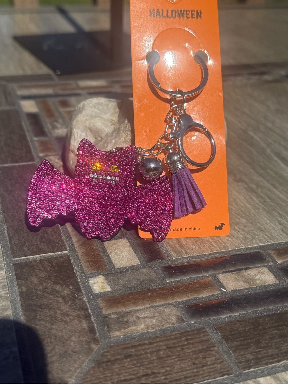 NWT Purple Crystal Halloween Bat Silver Tone Keychain